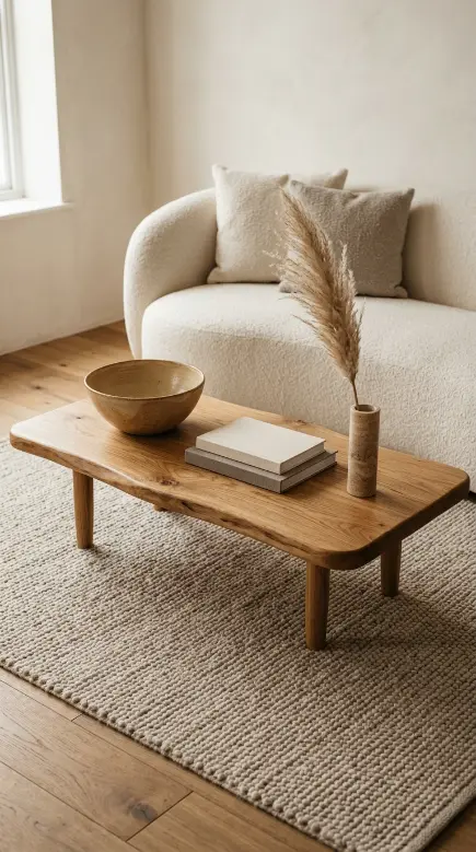 18 Minimalist Living Room Decor Ideas Warm Texture Curved 2 2. Choose a Low Natural Oak or Walnut Coffee Table With an Organic Edge