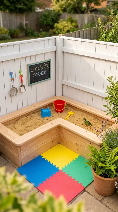 22 DIY Kids Playground Sandbox and Water Table for Small Yards 2 2. Corner-Fit L-Shaped Sandbox for Small Yards