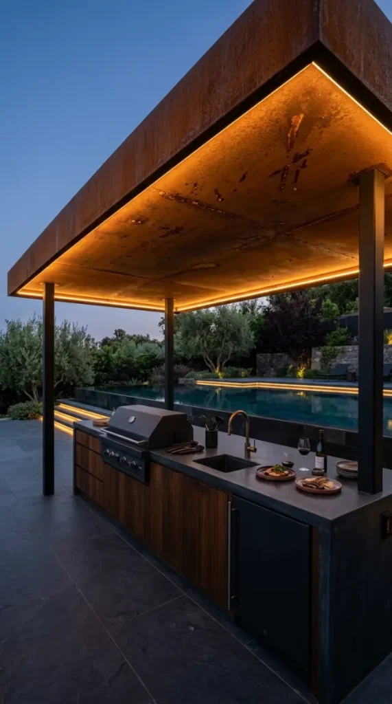 20 High End Outdoor Kitchen Inspiration Dark Moody Style 2 2. Corten Steel Overhead Canopy Above Dark Kitchen