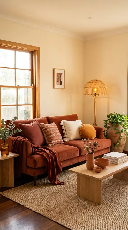 16 Living Room Decor Color Schemes Warm Terracotta Cream 2 2. Cream Walls With Terracotta Accent Sofa and Cushions