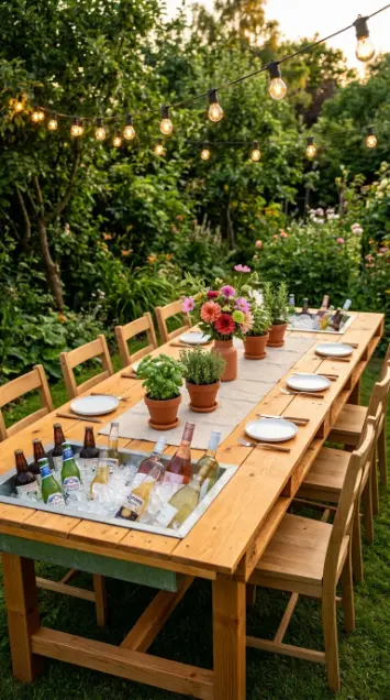 18 Pallet Table Outdoor Built-In Ice Cooler Party Table 2 2. Dining-Height Pallet Party Table With Twin Ice Cooler Troughs on Each End