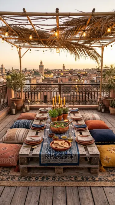 20 Pallet Table Outdoor Boho Rooftop Terrace Floor Cushions 2 2. Double Pallet Dining Table with Cushion Seating