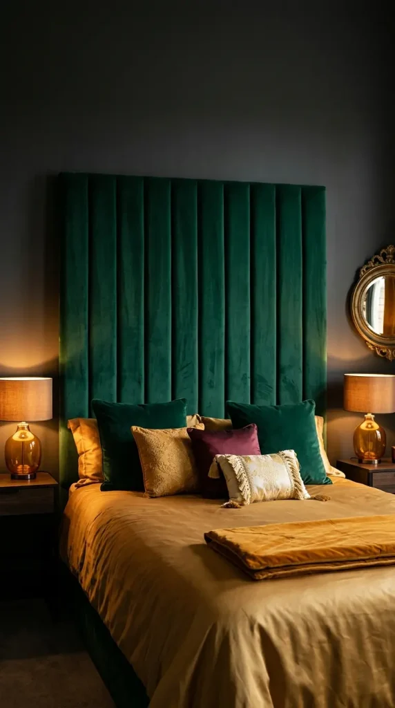 12 Bedroom Decor Colorful Jewel Tone Emerald Gold Moody 2 2. Emerald Green Velvet Headboard as Bedroom Statement