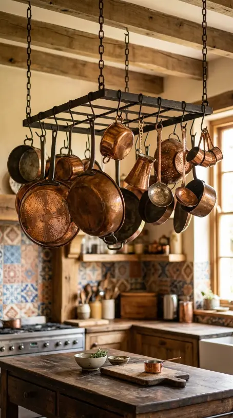 12 Bohemian Kitchen Ideas Global Patchwork Tile Copper Pots 2 2. Hanging Copper Pot Collection on Iron Pot Rack