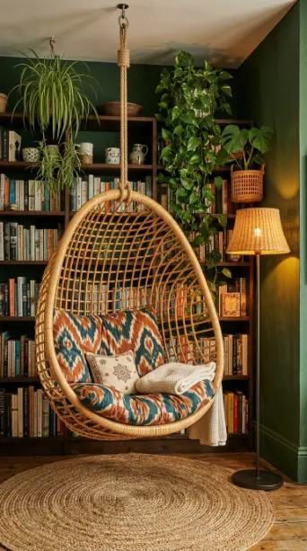 15 Bohemian Chair Ideas With a Cozy Rattan Papasan Look 2 2. Hanging Rattan Egg Chair as Bohemian Reading Nook