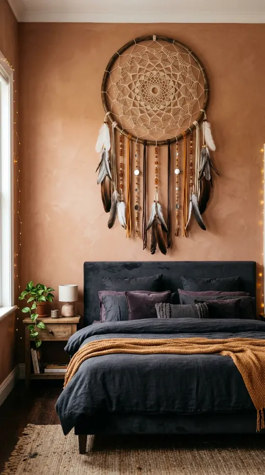 18 Bohemian Bed Dark Charcoal Fairy Light Dreamcatcher 2 2. Large Statement Dreamcatcher Above Dark Charcoal Bed