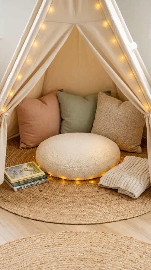 10 Kids Room Corner Decor Inspiration Cozy Reading Teepee 2 2. Layer the Teepee Floor With a Round Jute Rug and Sherpa Cushions