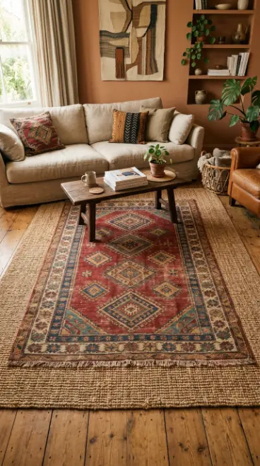 14 Bohemian Rugs Natural Jute Seagrass Earthy Living Room 2 2. Layered Jute and Vintage Kilim Rug Composition