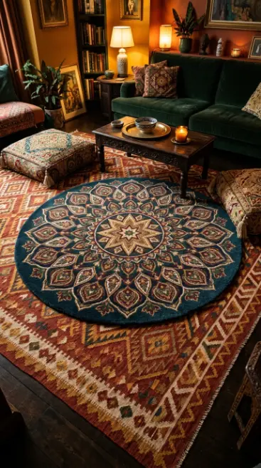 14 Bohemian Rugs Round Mandala Maximalist Colorful Room 2 2. Layered Round Mandala Rug Over Kilim Base Rug