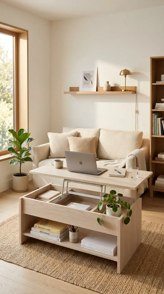 20 Minimalist Living Room Small Spaces Multifunctional 2 2. Lift-Top Coffee Table With Hidden Storage