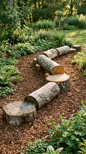 22 DIY Outside Play Area for Kids Natural Log and Stump 2 2. Log Balance Beam Trail