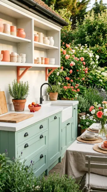 22 Colorful Summer Kitchen Decor Ideas Outdoor Coral Mint 2 2. Mint Green Painted Cabinet Base With White Counter
