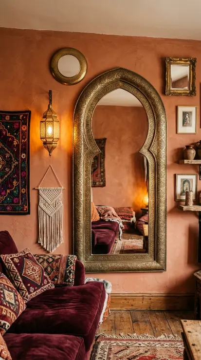 17 Bohemian Mirror Gallery Wall Living Room Vintage Eclectic 2 2. Moroccan Arch Mirror as Bohemian Statement Piece