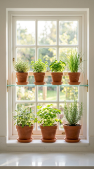 18 Herb Garden Ideas Indoor Kitchen Window Terracotta 2 2. Stack Terracotta Pots on a Slim Glass Floating Shelf at the Window