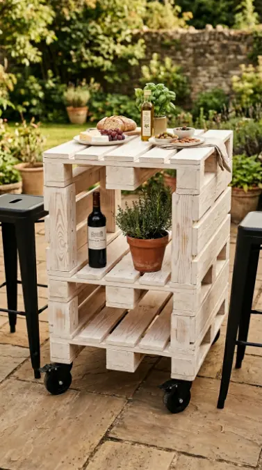 18 Pallet Table DIY Whitewashed Outdoor Patio Wheels 2 2. Stack Two Pallets for a Taller Bar-Height Patio Table on Wheels
