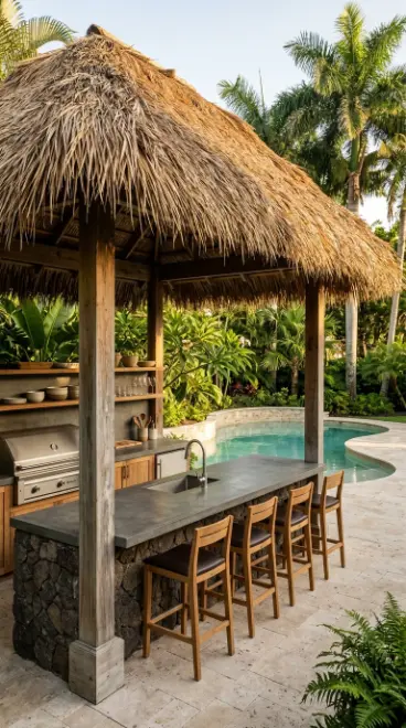24 Outdoor Kitchen Ideas Luxury Resort Style With Pool 2 2. Teak Timber Pavilion Kitchen With Thatched Roof