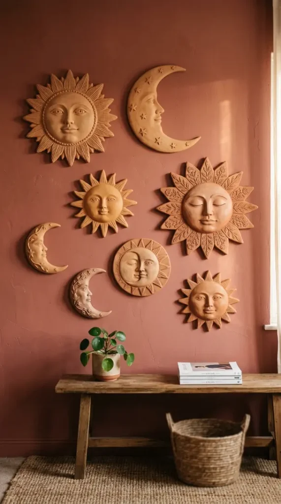 14 Bohemian Wall Decor Terracotta Ceramic Relief Mixed Media 2 2. Terracotta Sun Face and Moon Face Wall Collection