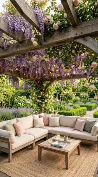32 Outdoor Living Space Design Luxury Pergola Lounge Area 2 2. Timber Pergola with Climbing Roses and Wisteria