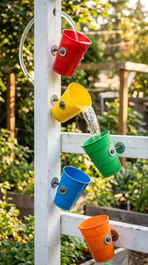 22 DIY Outside Play Area for Kids Water Wall Splash Zone 2 2. Tipping Cup Chain Reaction Water Element