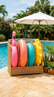 18 Chic Pool Float Storage Ideas for a Tidy Pool 2 2. Use a Large Wicker or Rattan Storage Rack