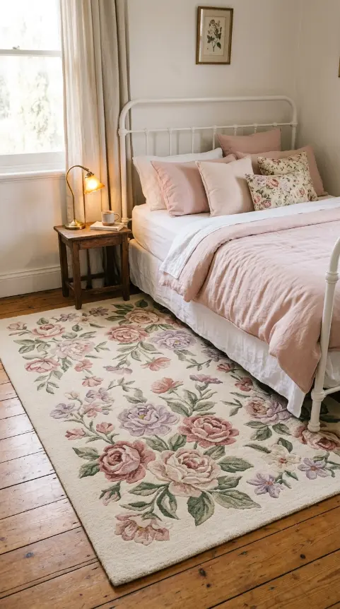 20 Cute Rugs Ideas for Bedrooms That Make You Want to Stay in Bed Forever 2 2. Vintage Floral Wool Rug in Soft Pink and Cream