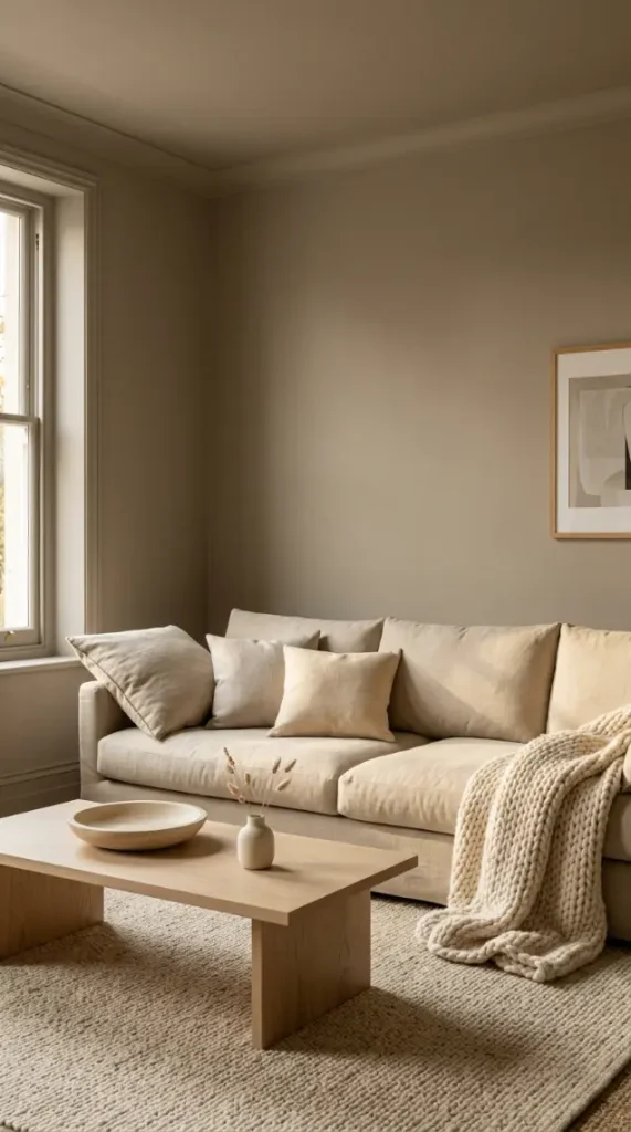 15 Cozy Minimalist Living Room Warm Greige Color Drenched 2 2. Warm Greige Color Drench With Natural Linen Sofa