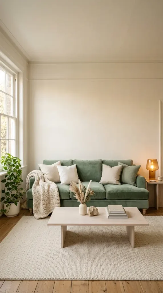 14 Living Room Decor Color Schemes Sage Green Warm White 2 2. Warm White Walls With Sage Green Sofa as Statement Piece