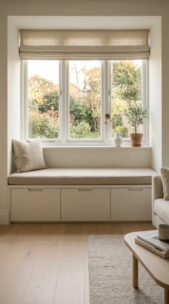13 Minimalist Living Room Small Spaces Built-In Storage 2 2. Window Seat With Deep Drawer Storage Below