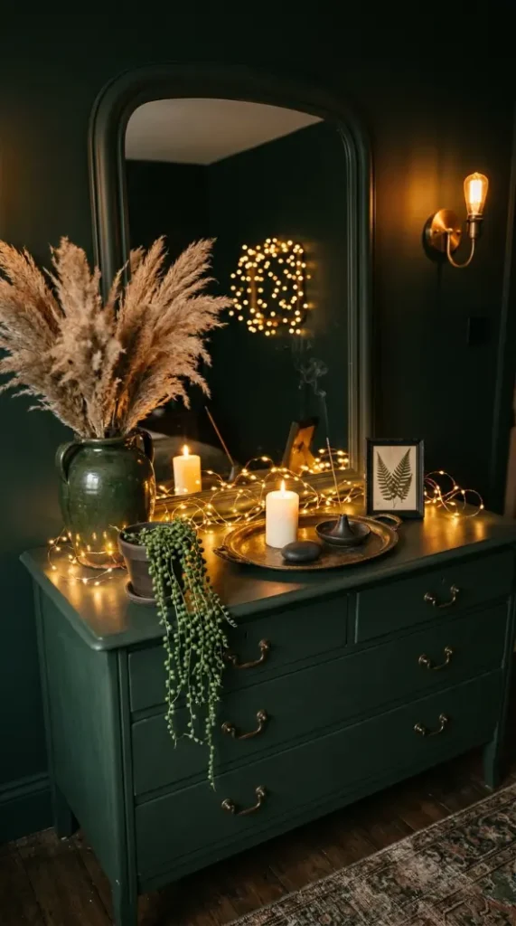 22 Cozy Warm Bedroom Aesthetic Dark Green Fairy Lights 20 20. Dark Green Dresser Styling with Fairy Lights and Botanicals