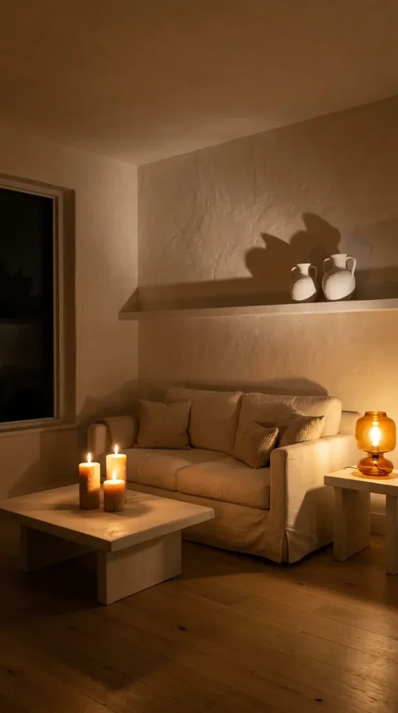 22 Minimalist Living Room Decor Ideas Sculptural Plaster 20 20. Plaster Living Room at Night — Candlelight and Shadow