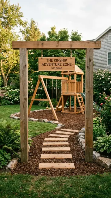 22 DIY Kids Playground With Cedar Swing Set and Slide 21 21. Cedar Swing Set With Garden Gate Entrance and Pathway