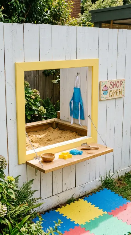 22 DIY Kids Playground Sandbox and Water Table for Small Yards 21 21. DIY Play Kitchen Window in Fence Above Sandbox