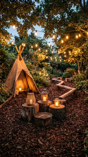 22 DIY Outside Play Area for Kids Natural Log and Stump 21 21. Night-Time Natural Play Area With String Lights and Lanterns