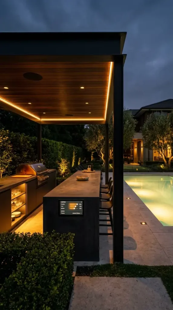 24 Outdoor Kitchen Ideas Luxury Resort Style With Pool 21 21. Outdoor Kitchen With Integrated Sound System and Mood Lighting