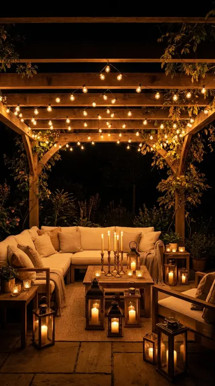 32 Outdoor Living Space Design Luxury Pergola Lounge Area 21 21. Pergola Lounge Night — Full String Light Transformation
