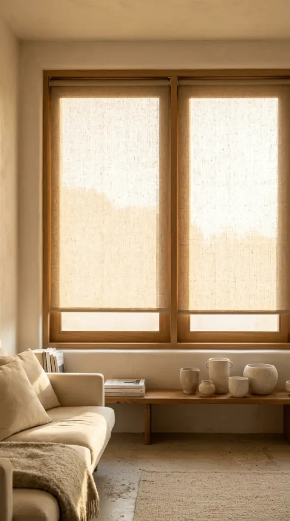 22 Minimalist Living Room Decor Ideas Sculptural Plaster 21 21. Plaster and Raw Linen Blinds — Window as Minimalist Art