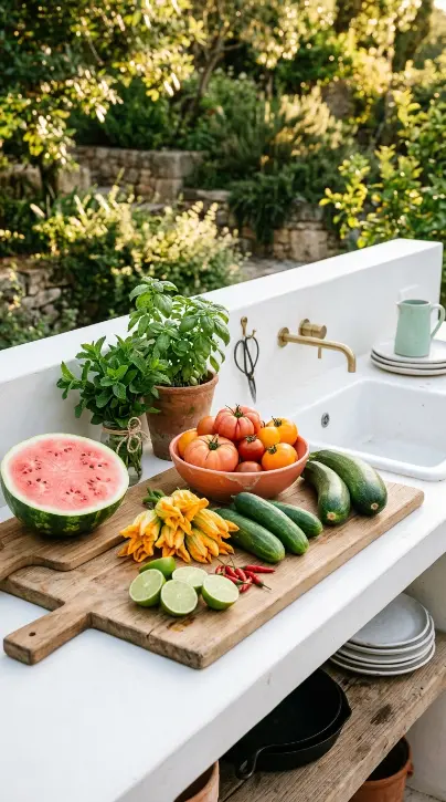 22 Colorful Summer Kitchen Decor Ideas Outdoor Coral Mint 21 21. Summer Kitchen Counter Styled With Coral and Mint Produce Display