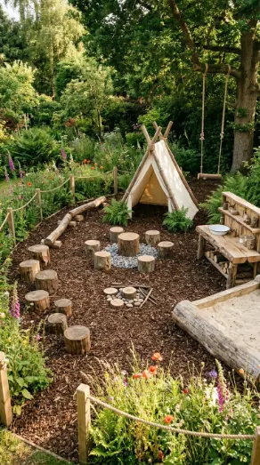 22 DIY Outside Play Area for Kids Natural Log and Stump 22 22. Complete Natural Log and Stump Play Area — All Elements Together