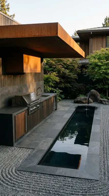 24 Outdoor Kitchen Ideas Luxury Resort Style With Pool 22 22. Outdoor Kitchen With Japanese Minimalist Aesthetic and Zen Pool