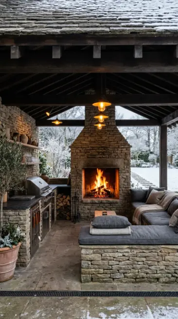 22 Outdoor Kitchen Ideas Rustic Stone With Fireplace 22 22. Stone Kitchen With Fireplace as Year-Round Entertaining Destination
