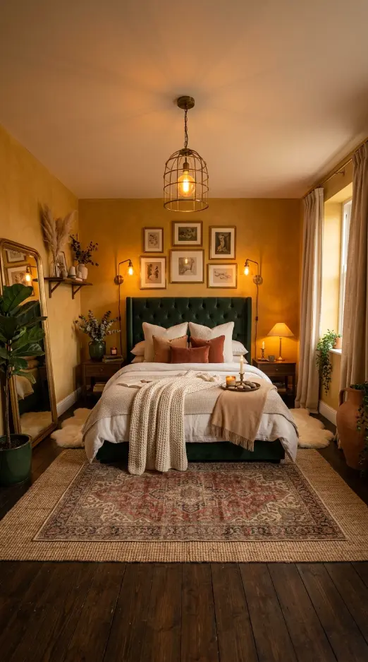 22 Cozy Warm Bedroom Aesthetic Vintage Brass Layered Rugs 22 22. The Complete Cozy Warm Bedroom — Every Element Together