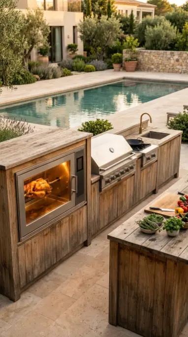 24 Outdoor Kitchen Ideas Luxury Resort Style With Pool 23 23. Poolside Outdoor Kitchen With Full Rotisserie and Whole Animal Roasting