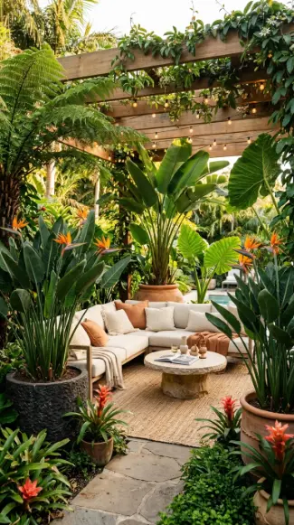 32 Outdoor Living Space Design Luxury Pergola Lounge Area 28 28. Pergola with Bird of Paradise and Tropical Planting