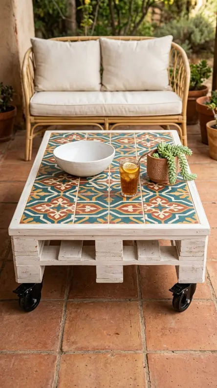 18 Pallet Table DIY Whitewashed Outdoor Patio Wheels 3 3. Add Tile to the Pallet Table Surface for a Waterproof Outdoor Finish