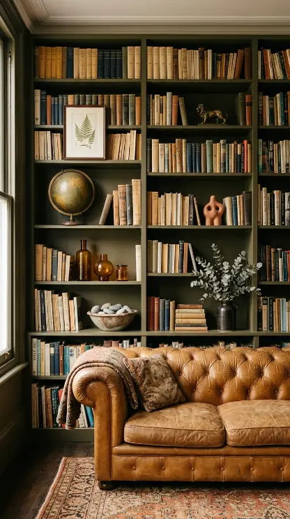 16 Bohemian Living Room Dark Olive Book Wall Chesterfield 3 3. Book Wall With Integrated Collected Objects and Art