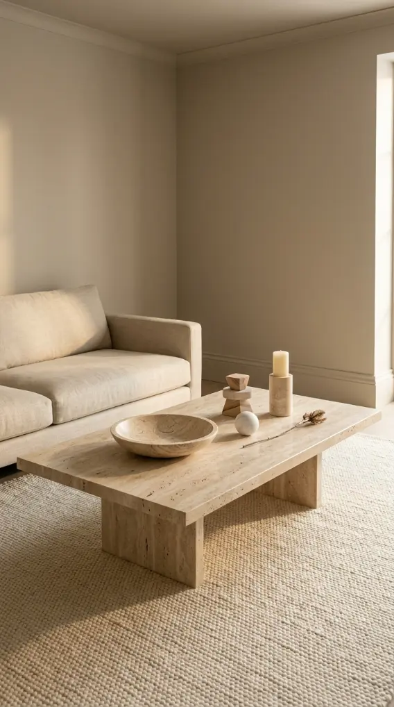 15 Cozy Minimalist Living Room Warm Greige Color Drenched 3 3. Bouclé Armchair in Warm Greige Color-Drenched Room