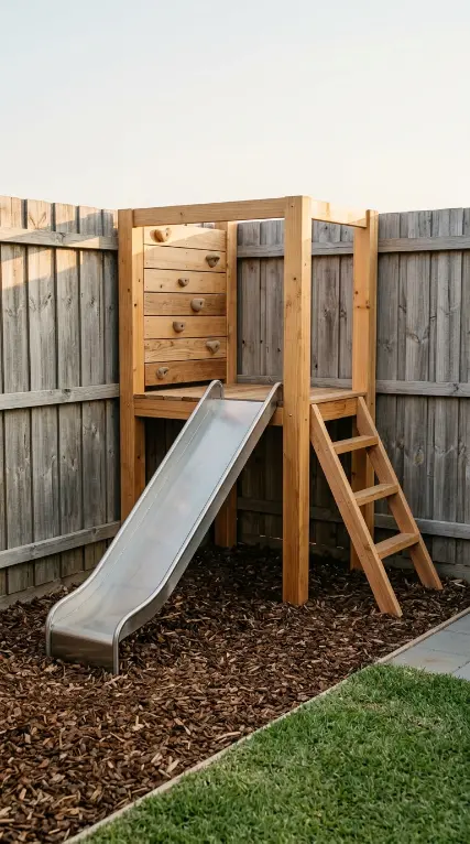 20 DIY Jungle Gym Small Space Compact Tiny Backyard 3 3. Corner-Mounted Cedar Play Tower