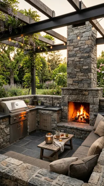 22 Outdoor Kitchen Ideas Rustic Stone With Fireplace 3 3. Corner Stone Kitchen With Wraparound Fireplace Seating
