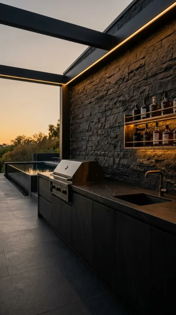 20 High End Outdoor Kitchen Inspiration Dark Moody Style 3 3. Dark Basalt Stone Outdoor Kitchen — Full Monochrome