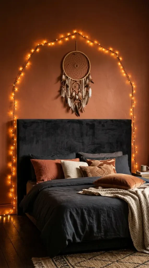 18 Bohemian Bed Dark Charcoal Fairy Light Dreamcatcher 3 3. Dark Charcoal Velvet Headboard With Fairy Light Frame